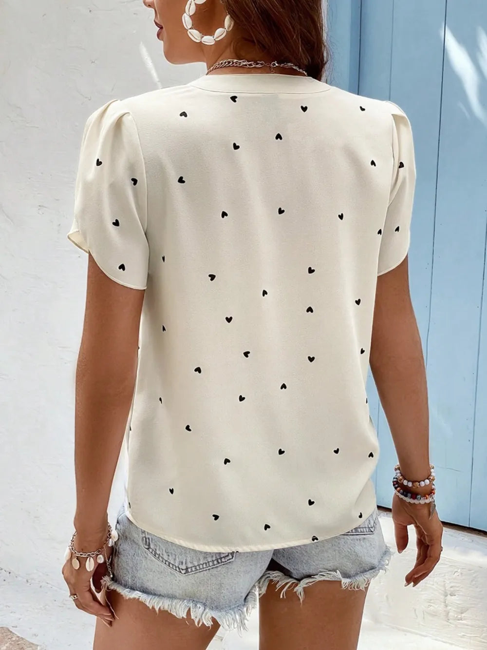 Women's V-Neck Heart Print Blouse – Petal Sleeve Pleated Front Elegant Top