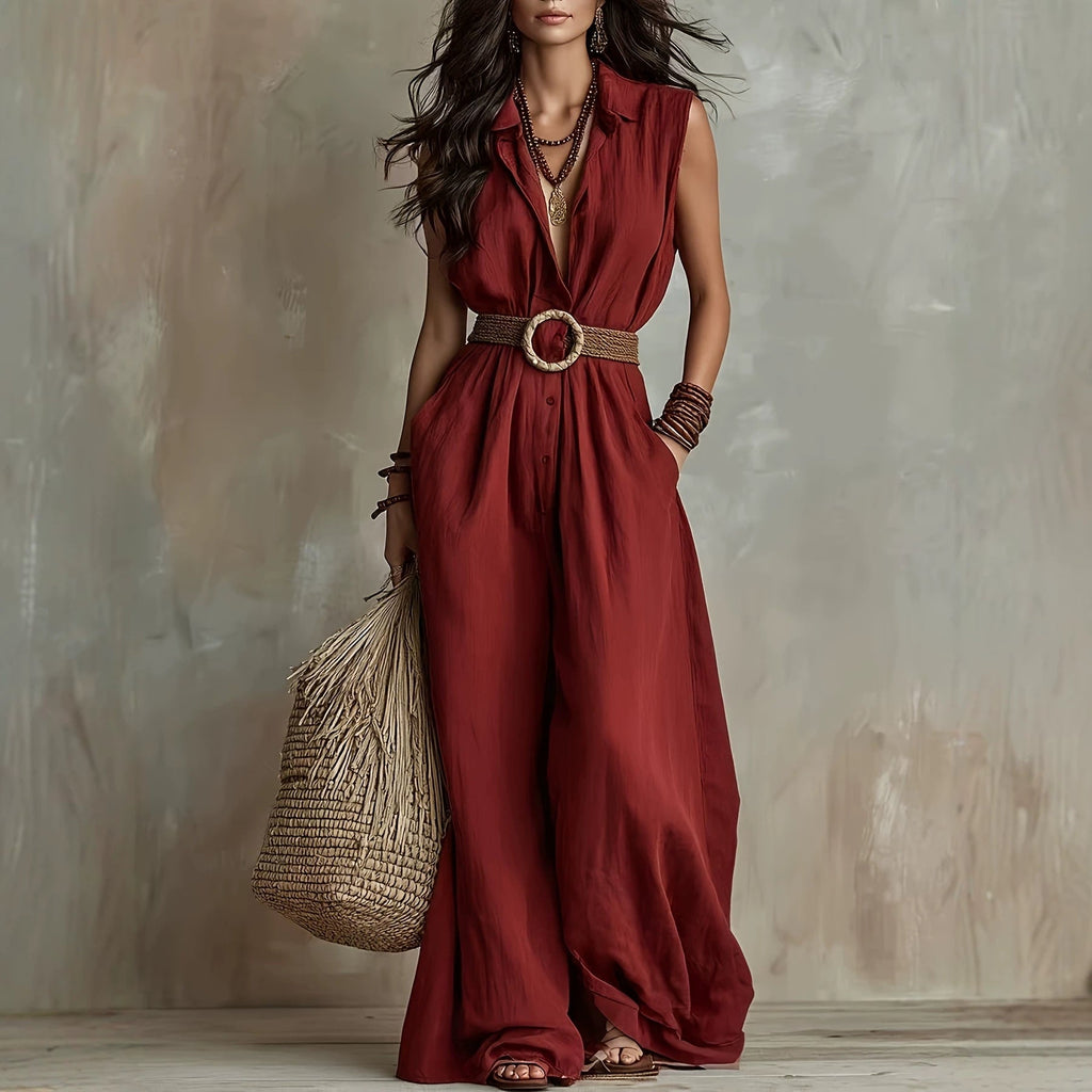 Red Sleeveless Loose Fit Maxi Jumpsuit – Solid Color Long Casual Jumpsuit