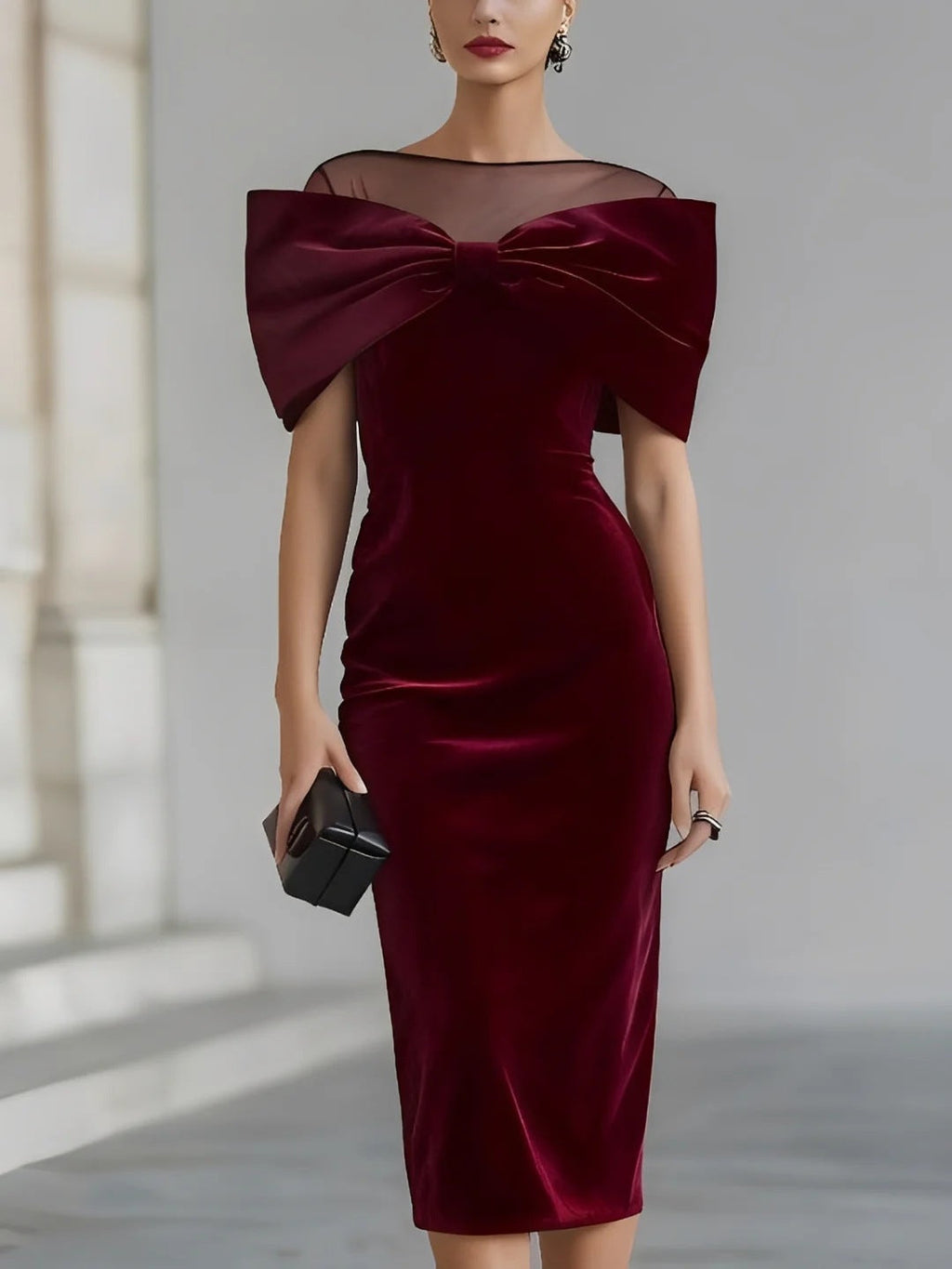 One-Shoulder Velvet Gold Thread Dress – Elegant Midi Dress in Black & Red