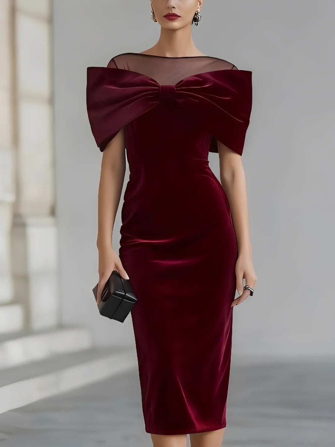 One-Shoulder Velvet Gold Thread Dress – Elegant Midi Dress in Black & Red