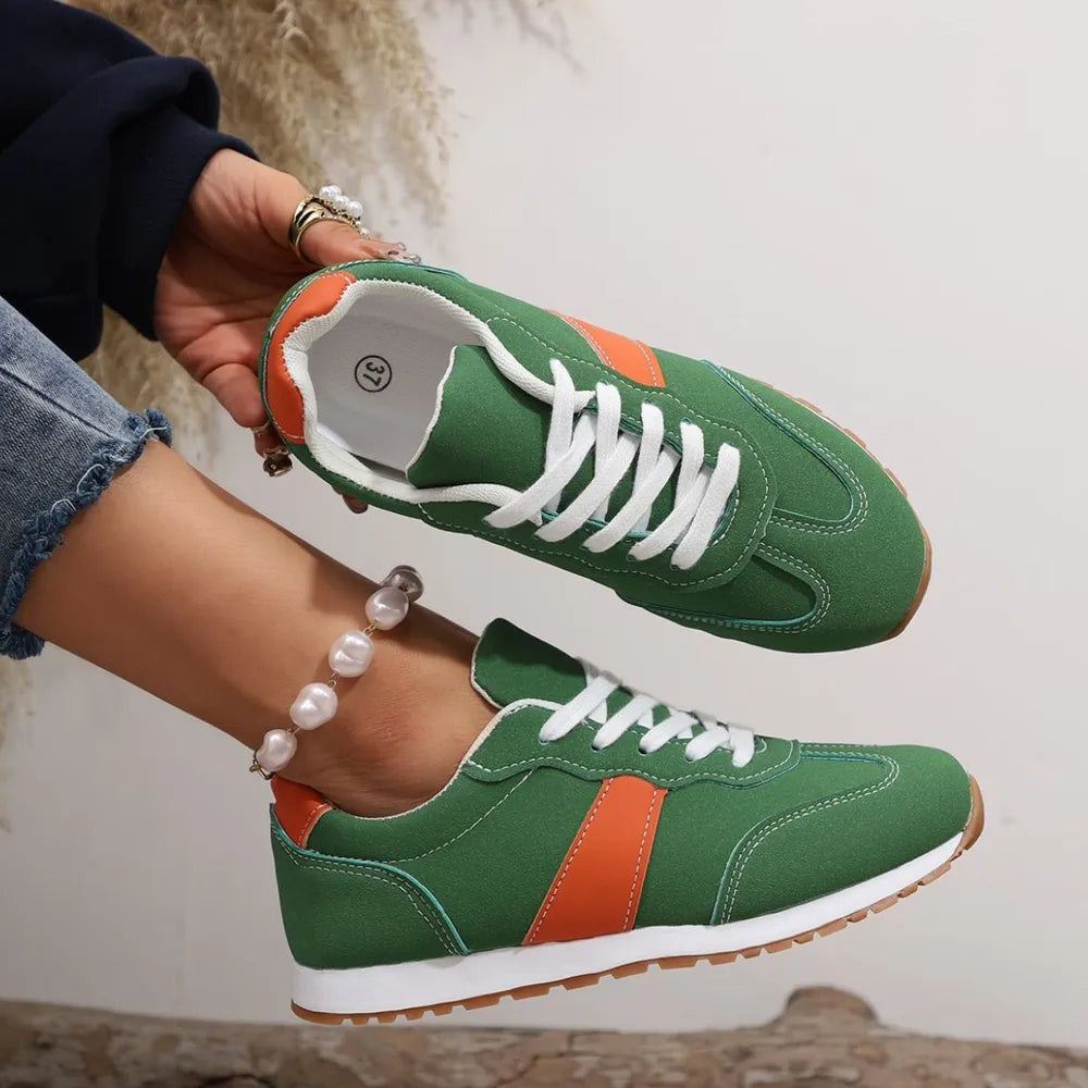 PU Leather Contrast Round Toe Flat Sneakers – Lace-Up Casual