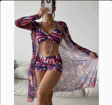 Mesh Cover-Up Three-Piece Swimwear Set – Bikini with Leg-Length Briefs