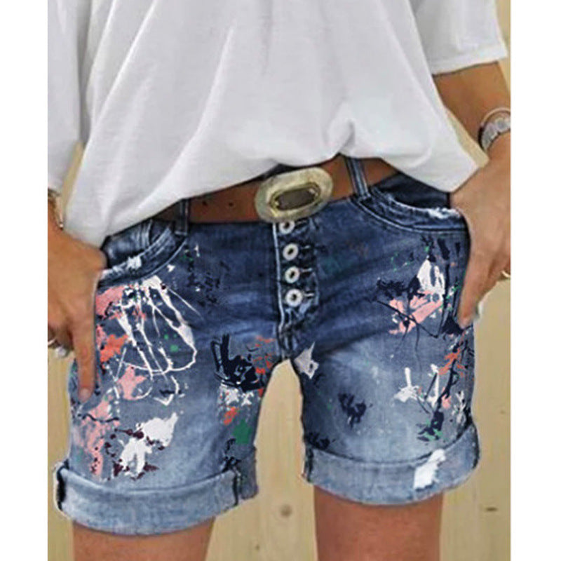 Women's High-Waist Printed Elastic Denim Shorts with Button Closure