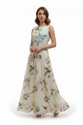 Women's Floral Print Sleeveless Backless Waist-Cinching Maxi Dress