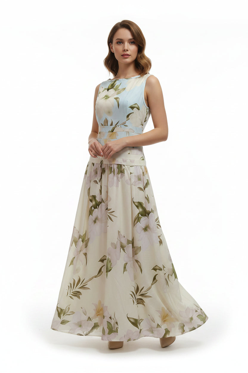 Women's Floral Print Sleeveless Backless Waist-Cinching Maxi Dress