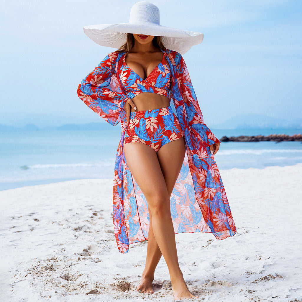 High-End Print Bikini Three-Piece Set – Padded Swimwear for Women