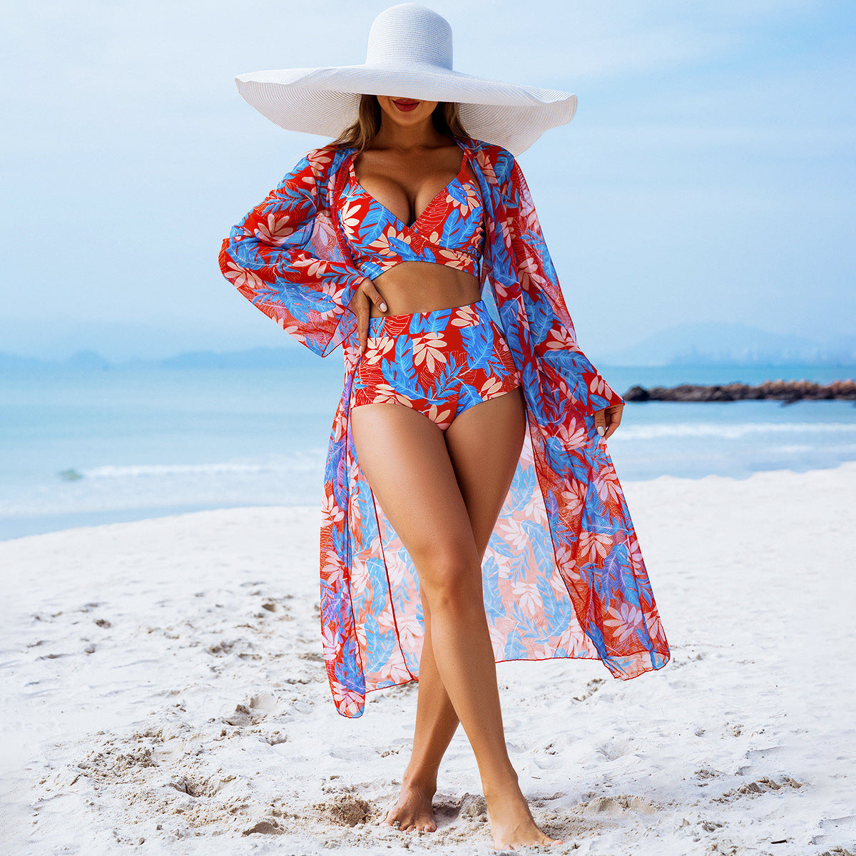 High-End Print Bikini Three-Piece Set – Padded Swimwear for Women