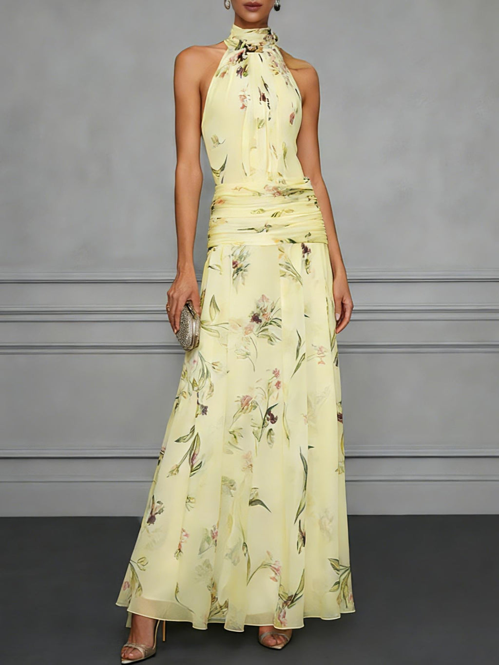 Halter Neck Printed Maxi Dress – Fitted Sleeveless Long Dress
