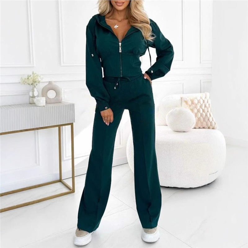 Hooded Zipper Fitted Top & Wide-Leg Pants Two-Piece Set