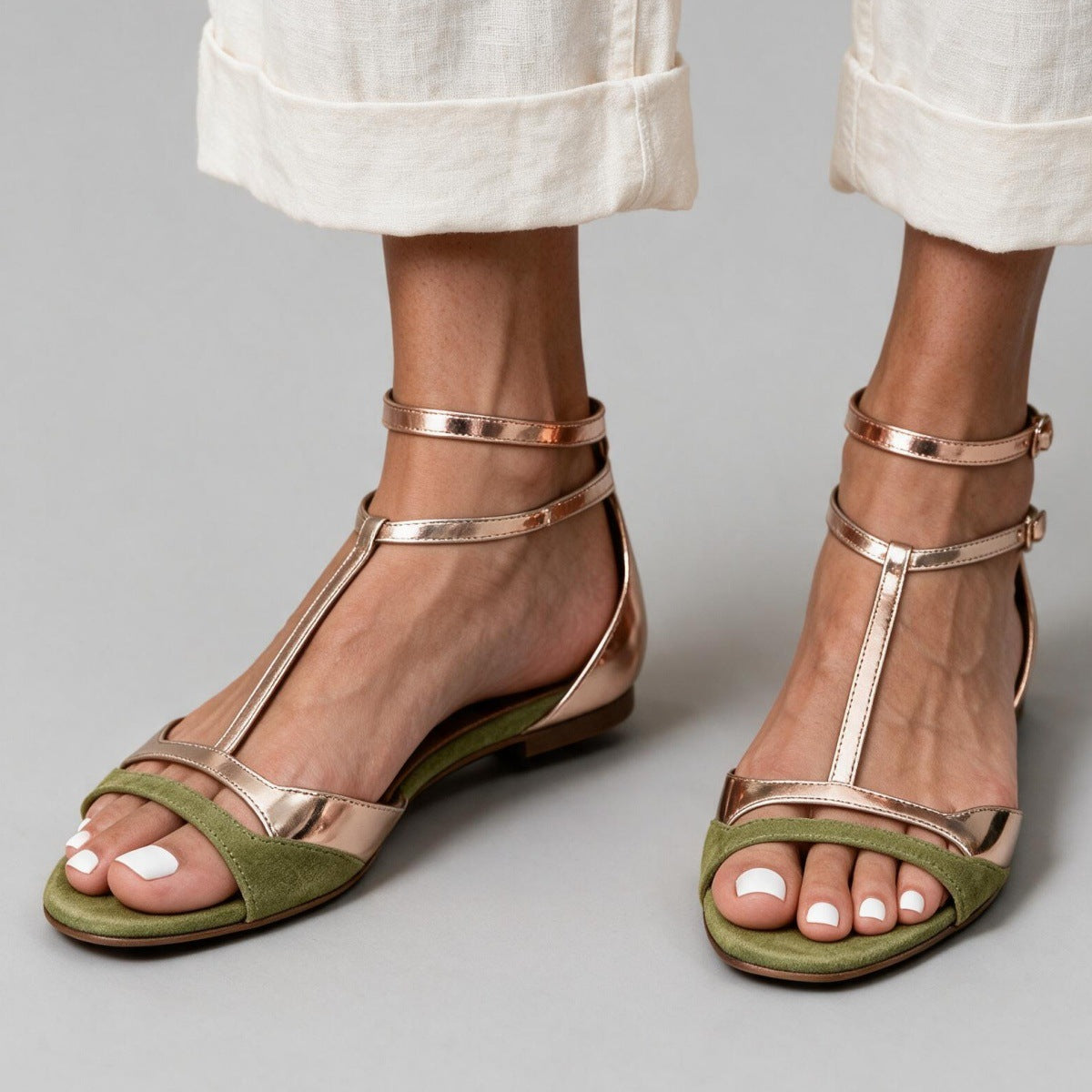 Women's Colour-Block T-Strap Flat Sandals – Double Ankle Strap & Open Toe