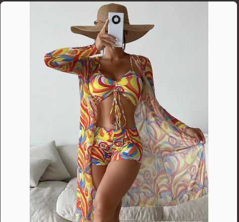 Mesh Cover-Up Three-Piece Swimwear Set – Bikini with Leg-Length Briefs