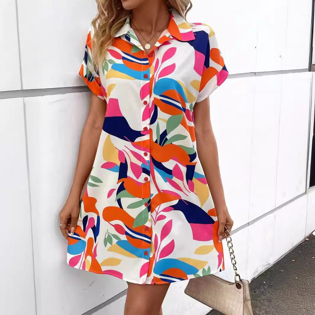 Women's Colorful Tropical Print Shirt Dress – Button Front Short Sleeve Collared A-Line Midi