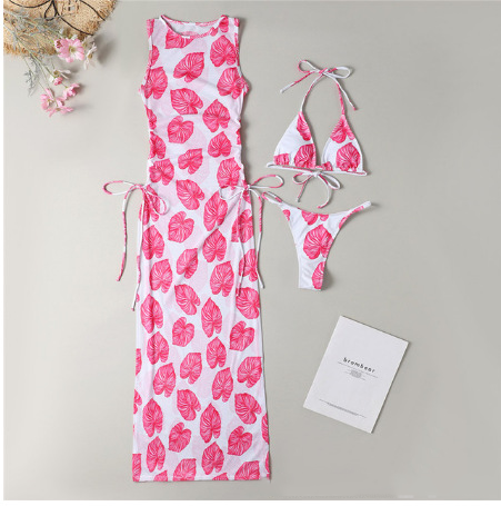 Women's Solid Color Three-Piece Bikini Set with Maxi Dress Cover-Up