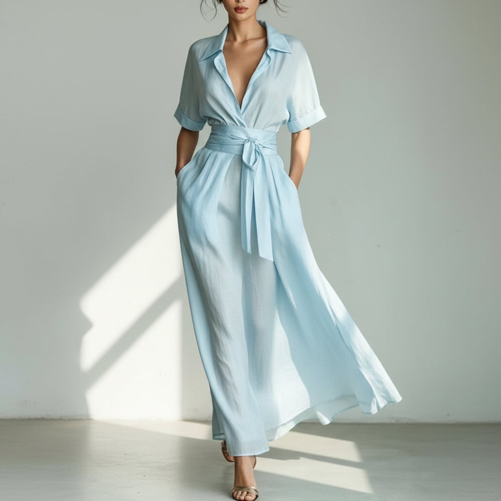Women's Solid Color Waist-Slimming Maxi Dress — Flip Collar
