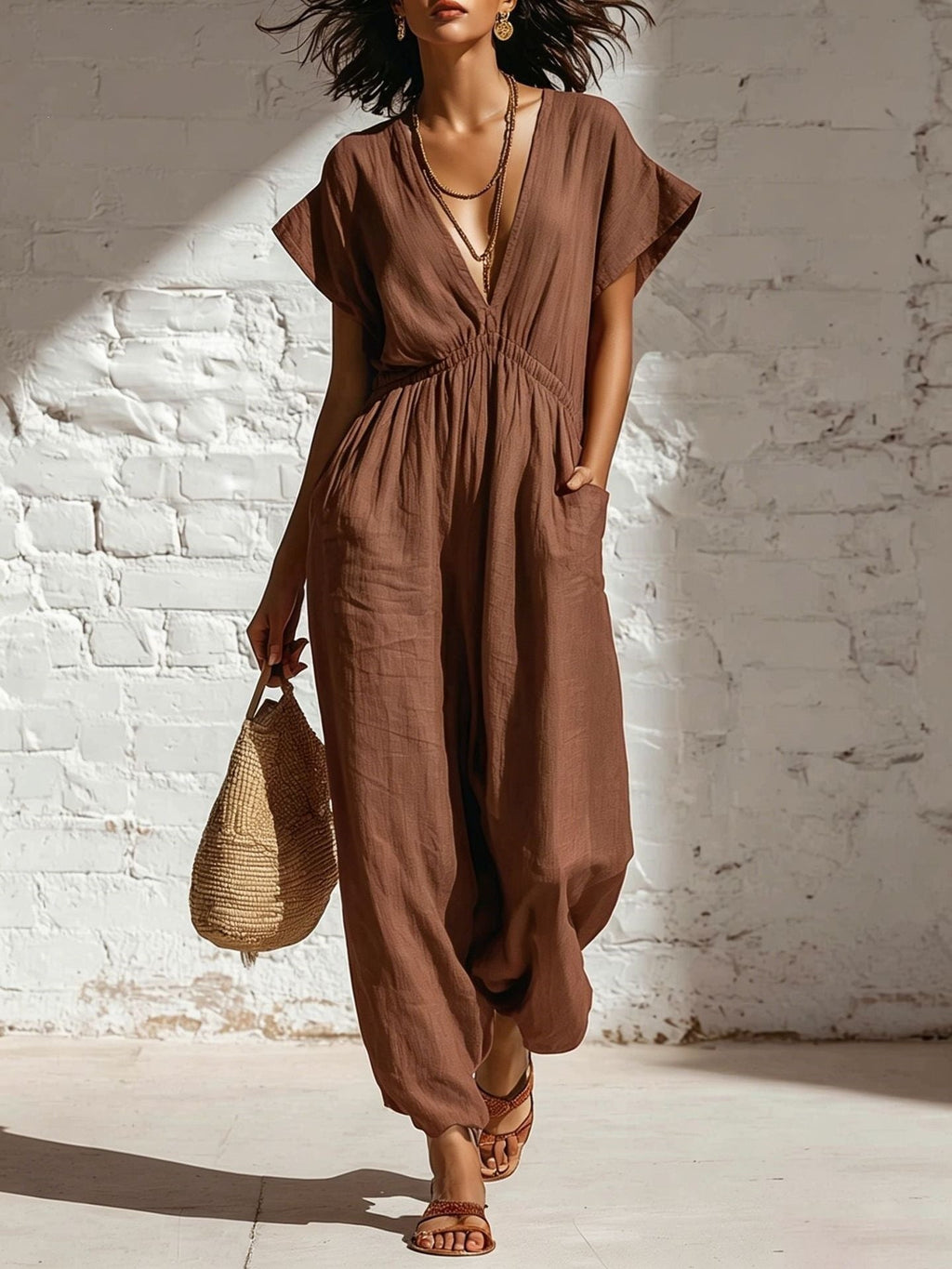 Women's Deep V-Neck Three-Quarter Sleeve High Waist Wide Leg Pants