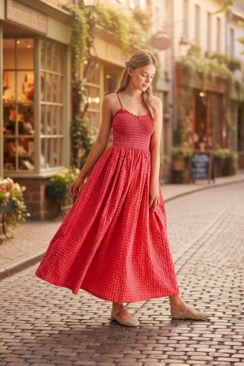 Women's Retro Plaid Sleeveless A-Line Maxi Dress – Fitted Waist Pleated Sundress