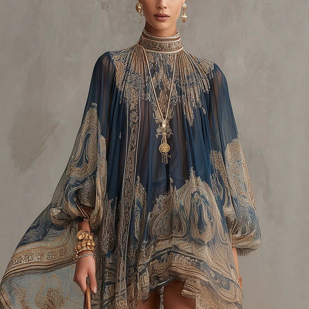 Navy Blue Printed Puff Sleeve Stand Collar Dress – Loose Boho Asymmetric Hem Dress for Women