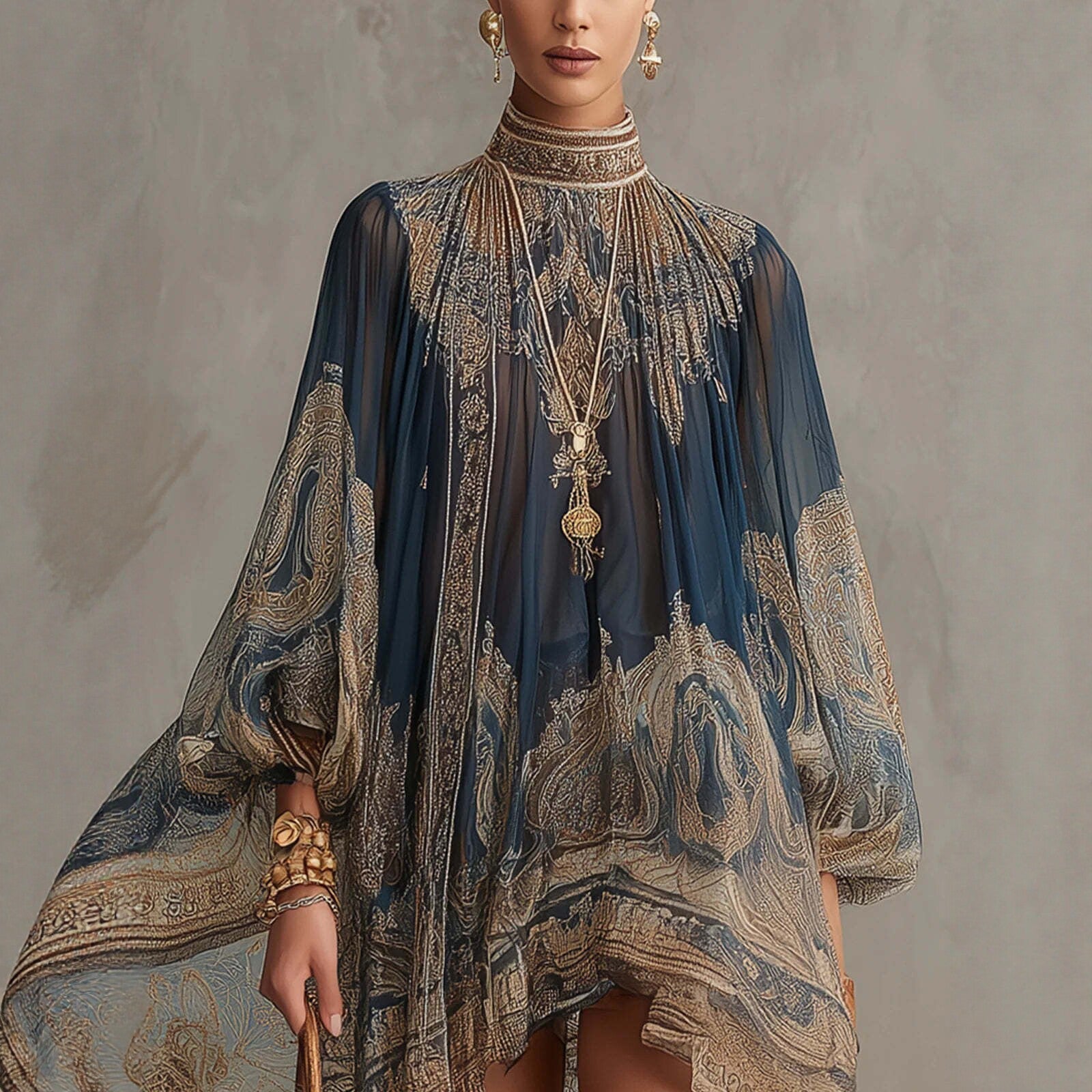 Navy Blue Printed Puff Sleeve Stand Collar Dress – Loose Boho Asymmetric Hem Dress for Women