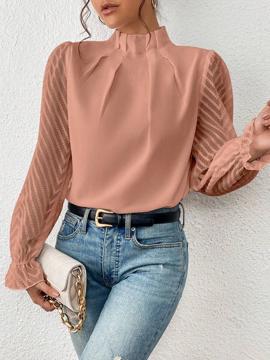 Women's Mock Neck Chiffon Blouse – Wave Pattern Sheer Long Sleeve with Ruffle Cuffs