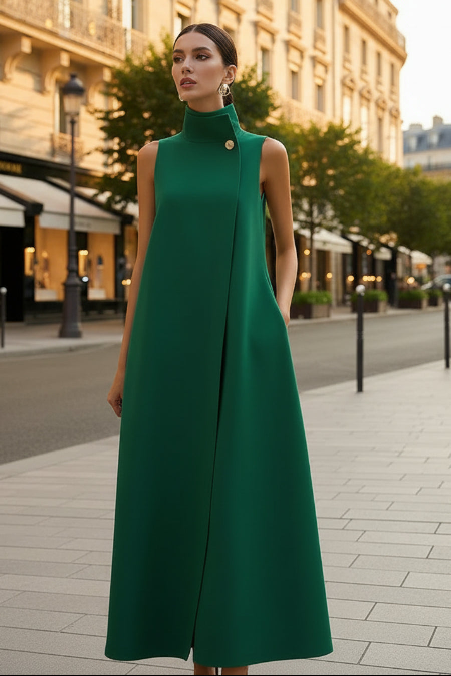 Elegant Sleeveless Long Dress – Stand Collar Office & Casual Dress