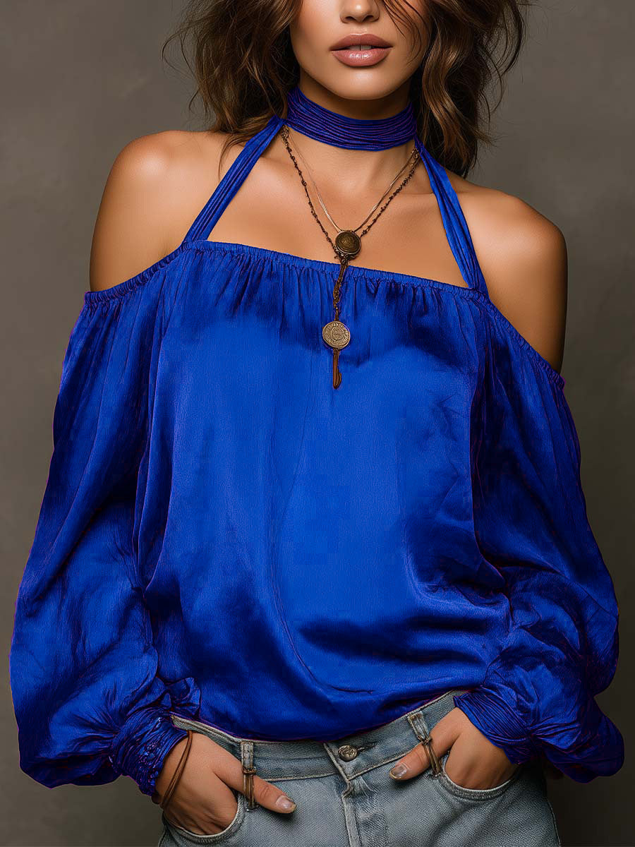 Women's Halter Neck Satin Blouse | Shoulder-Baring Long Sleeve Top in 5 Colors