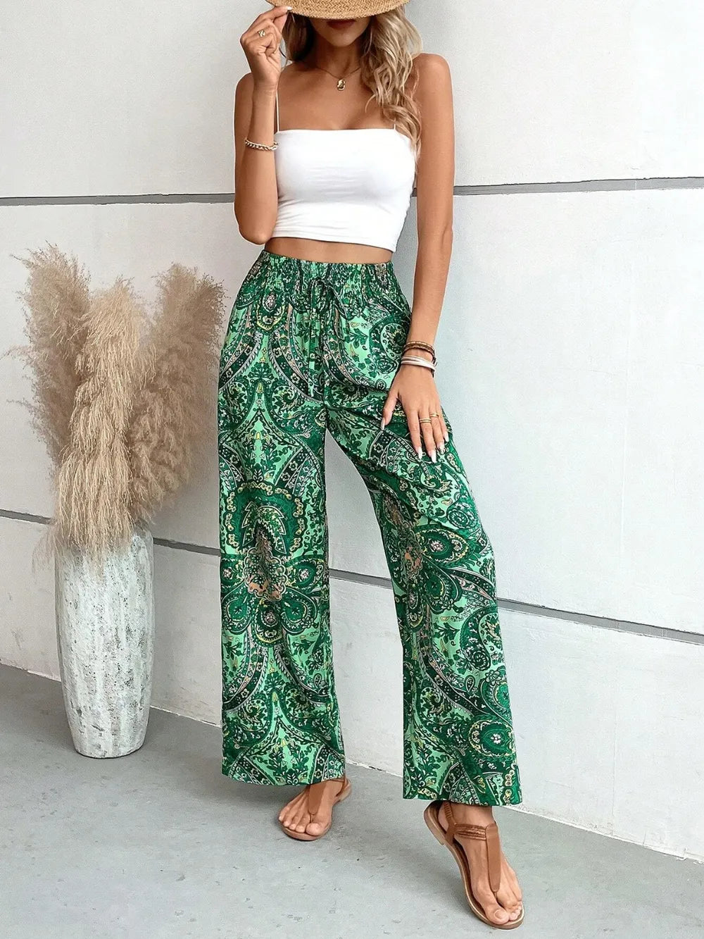 Women's Paisley Print Wide-Leg Pants – Boho Smocked Elastic Waist Tie-Up Flowy Trousers
