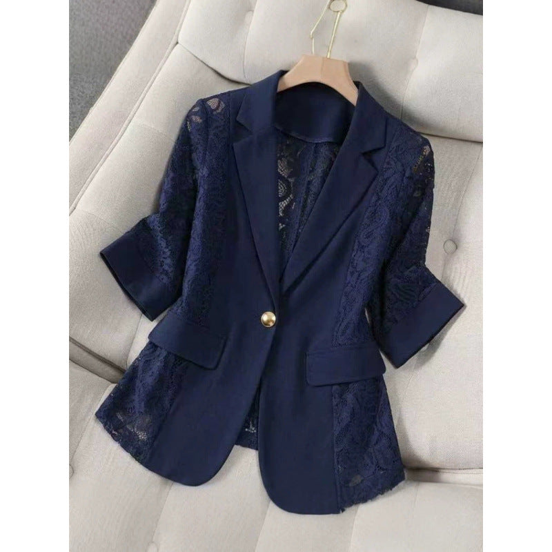 Women's Lace Patchwork Blazer | Three-Quarter Sleeve One-Button Suit Jacket in White & Black