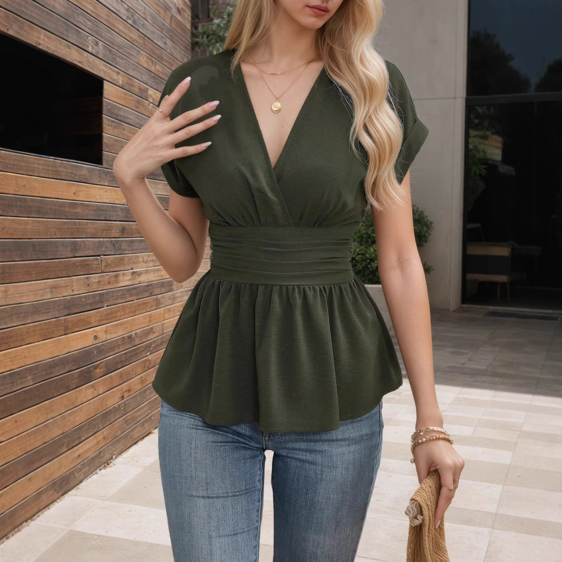 Women's V-Neck Fitted Waist Peplum Top – Ruched Waistband Cap Sleeve Pleated Hem Blouse