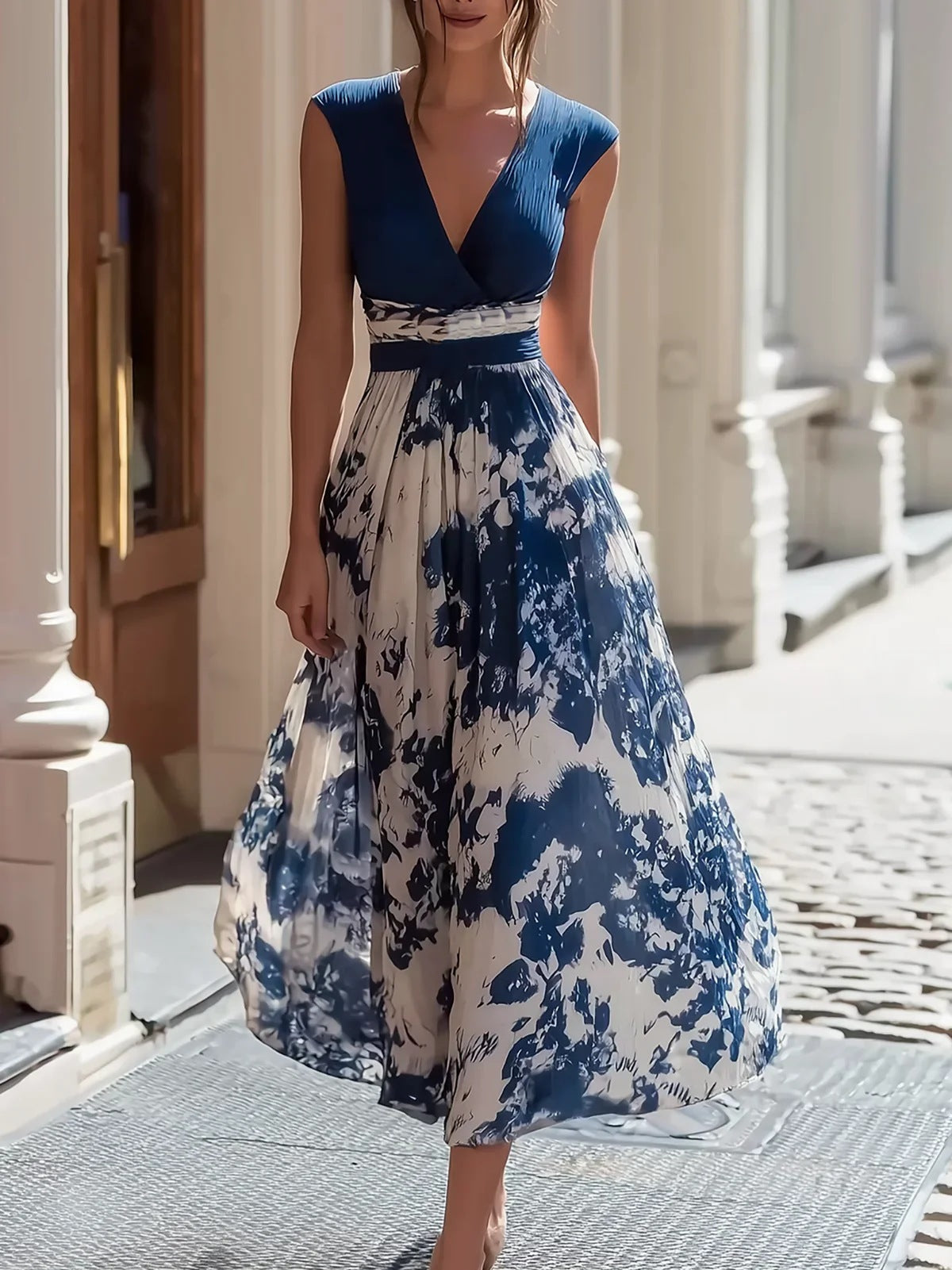 Women's Elegant Sleeveless Deep V-Neck Printed Maxi Dress with Irregular Hem