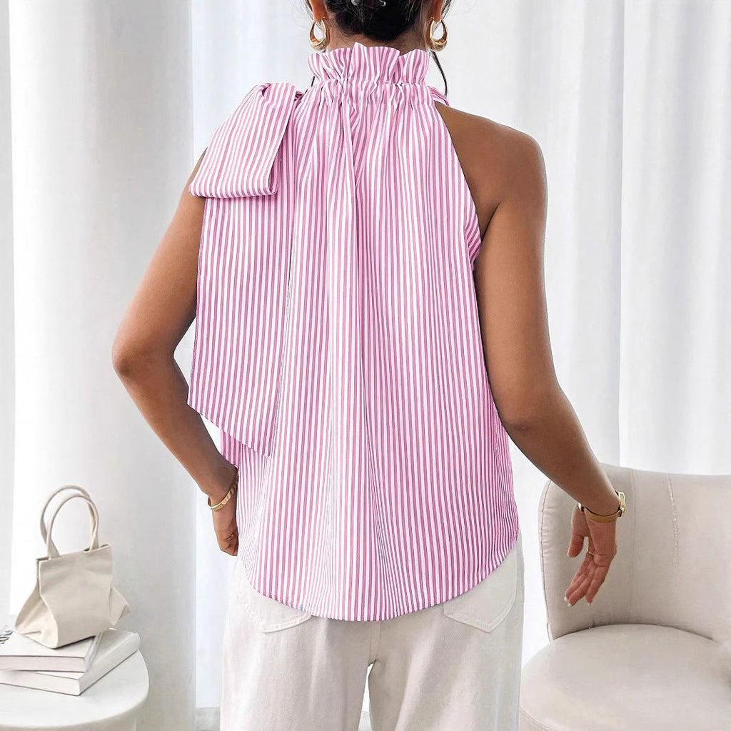 Women's Striped Sleeveless Top – Ruffle High Neck Lace Trim Tie-Knot Bow Blouse