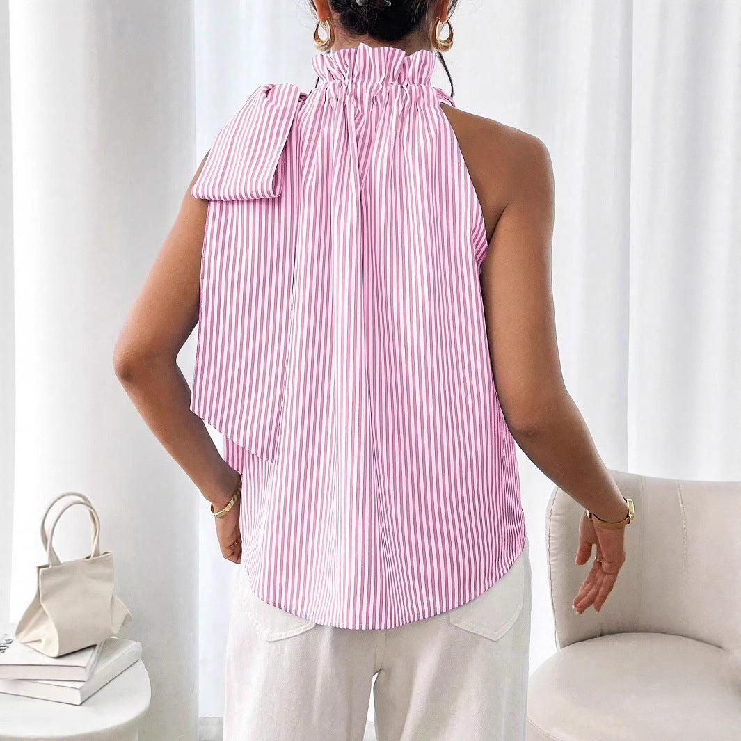 Women's Striped Sleeveless Top – Ruffle High Neck Lace Trim Tie-Knot Bow Blouse