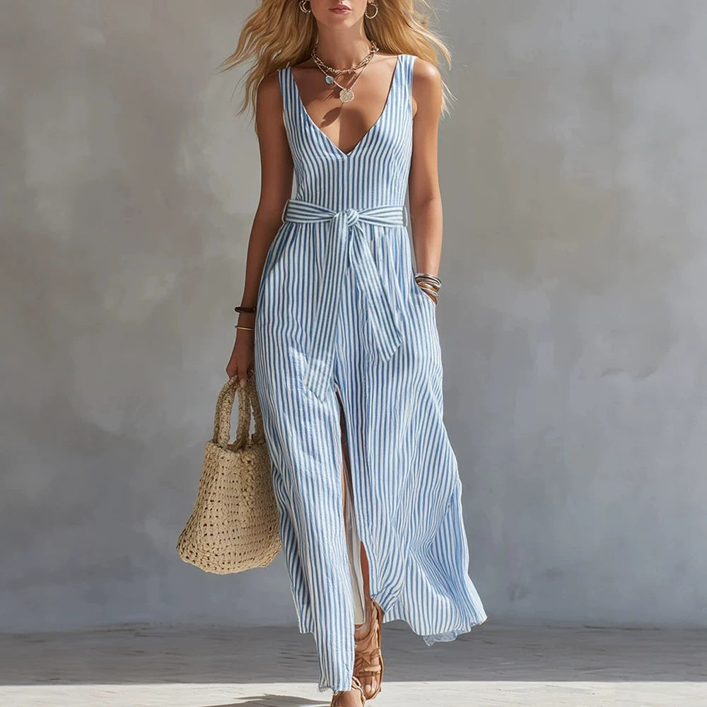 Women's Blue & White Striped Maxi Dress | V-Neck Waist-Tie Side Split Beach Dress