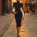 Elegant High Neck Color Block Sheath Dress with Side Slit