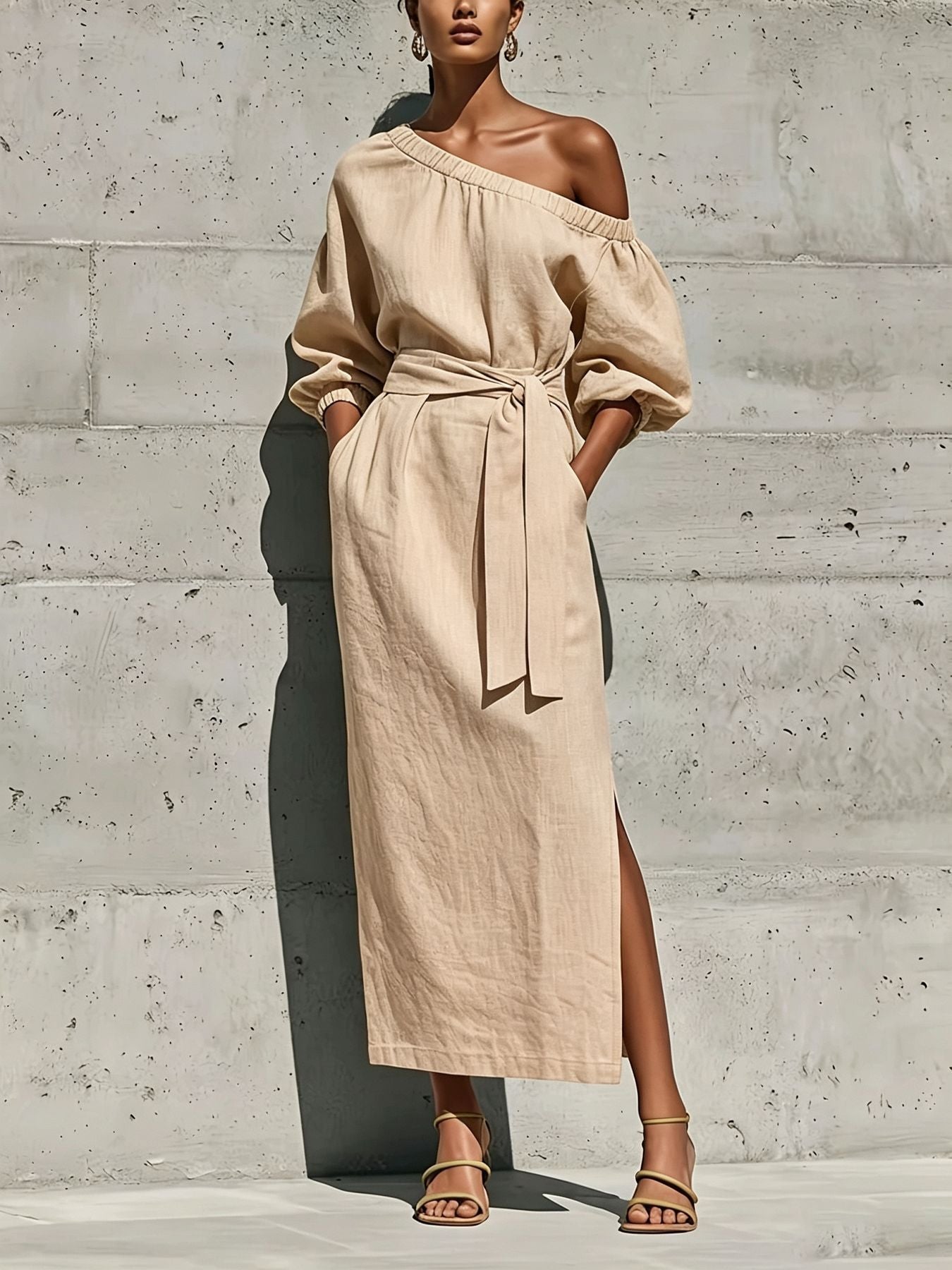 Women's Asymmetric Neck Linen Maxi Dress – Belted with Side Slit & Pockets