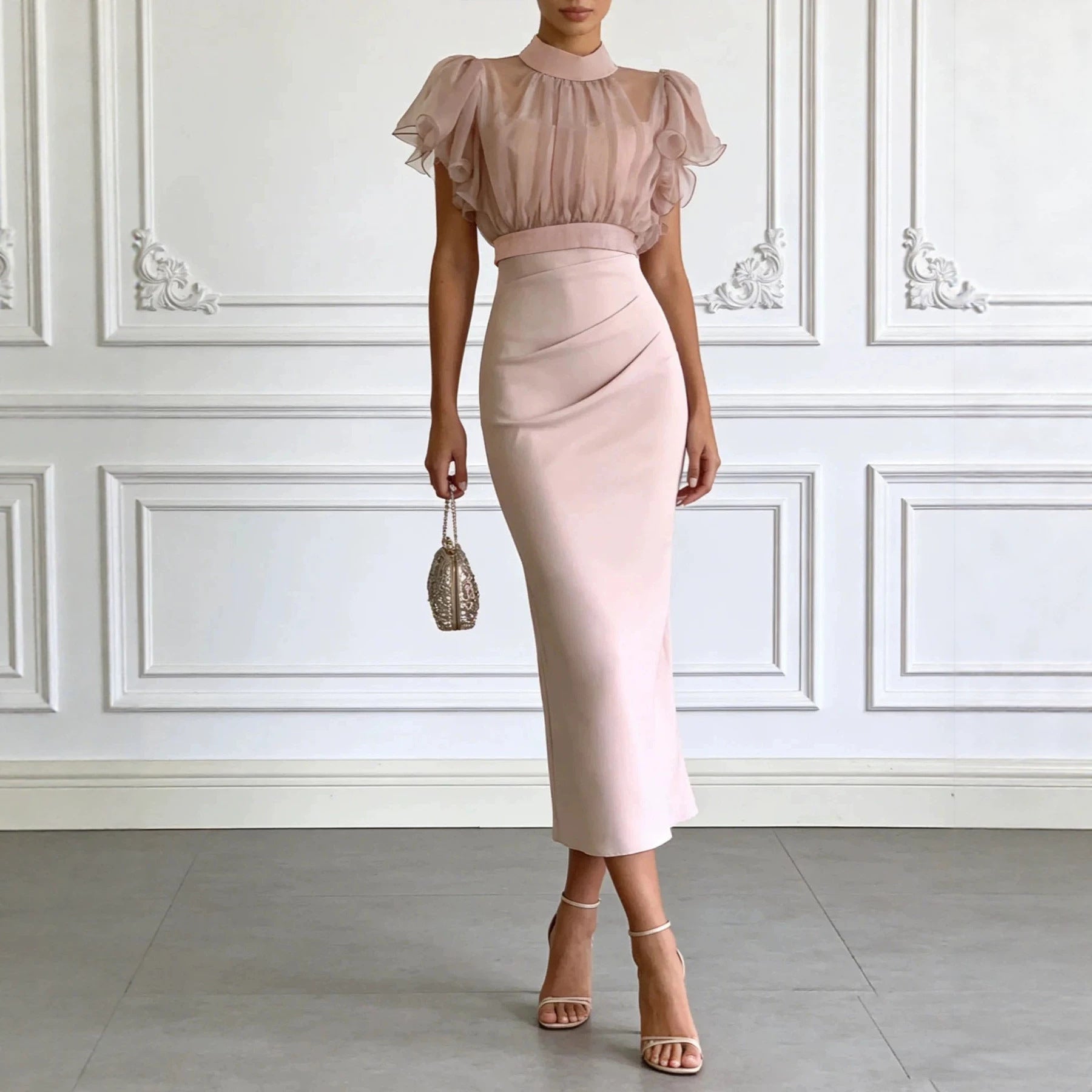 Pink Mesh Lace-Up Waist Two-Piece Dress Set – Elegant Long Skirt & Top