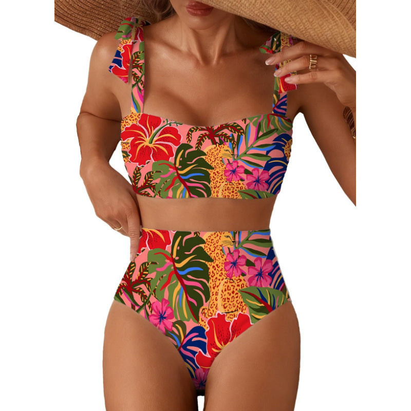 Tie-Shoulder Striped High-Waisted Bikini Set – Two-Piece Swimsuit for Women