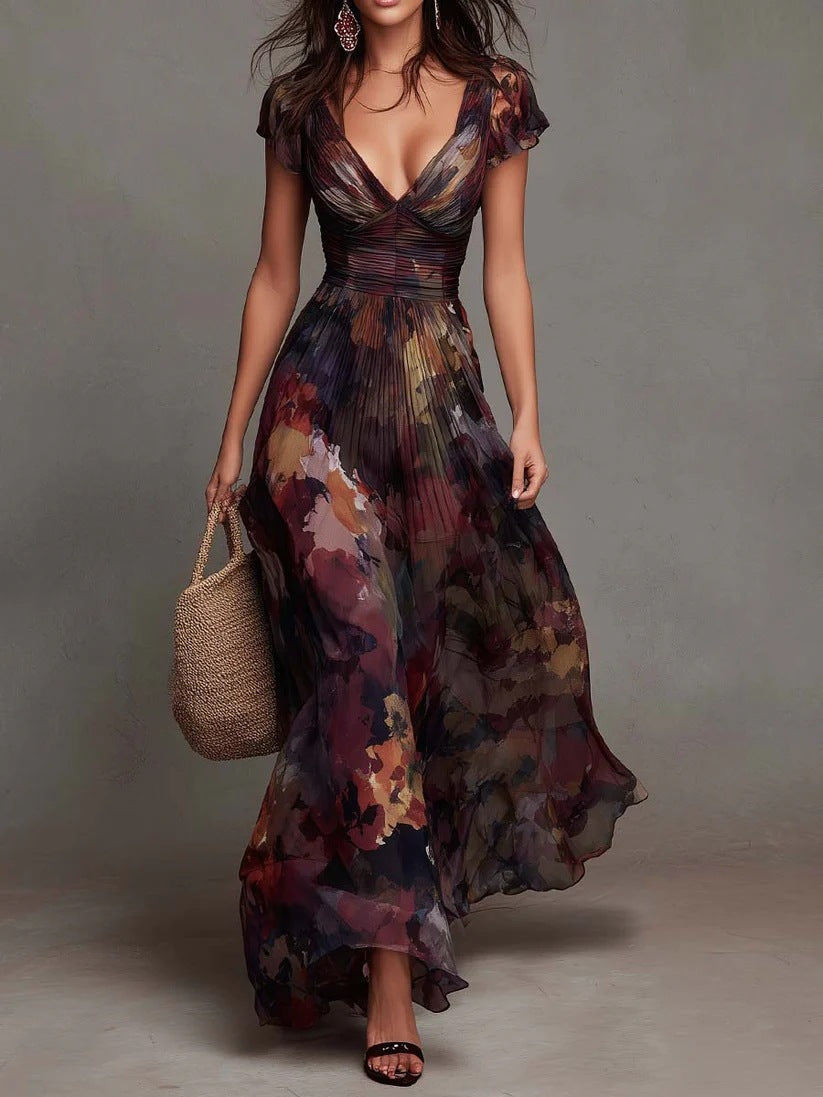 Women's Deep V-Neck Painted Print Chiffon Maxi Dress | Fitted Waist Flowy A-Line Dress