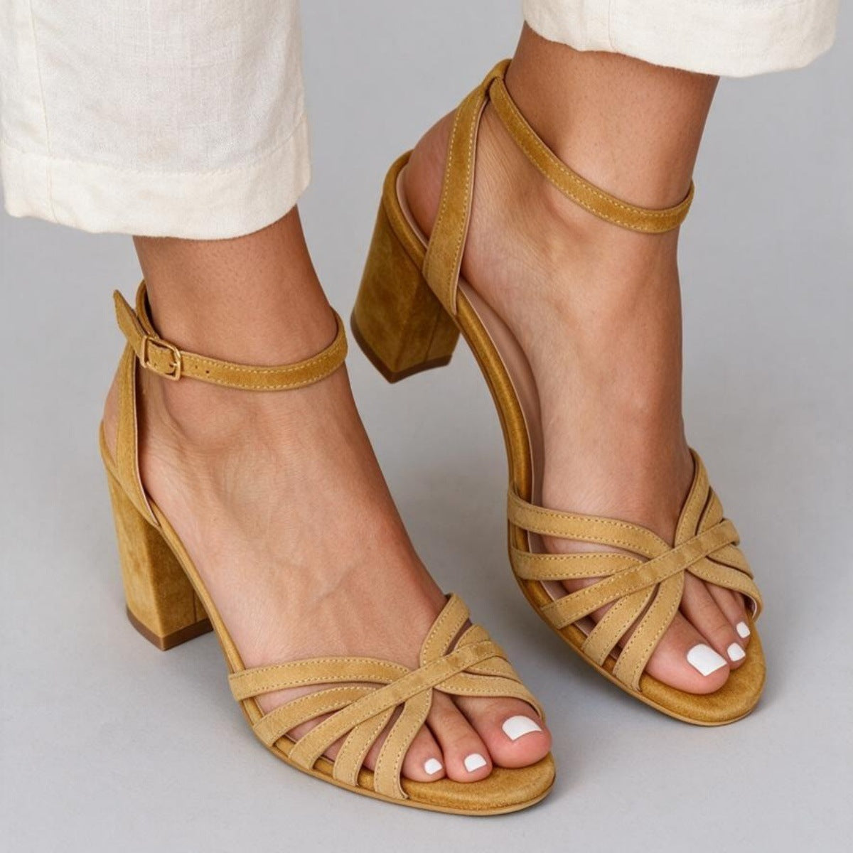 Women's Mustard Yellow Multi-Strap Block Heel Sandals – Open Toe