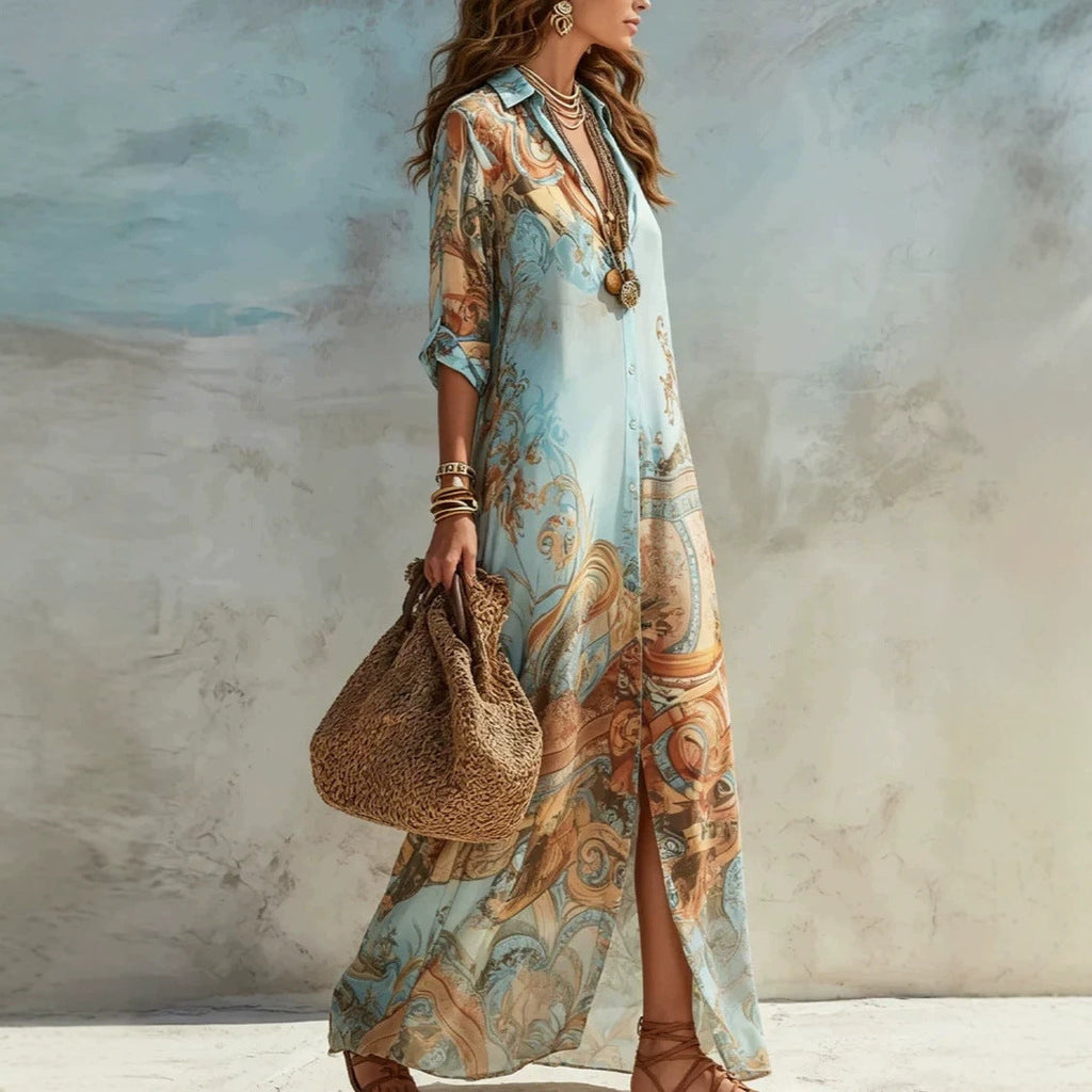Women's Floral Print Chiffon Turn-Down Collar Split Maxi Dress | Resort Beach Dress