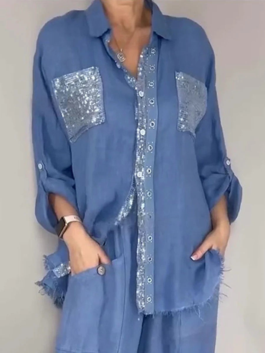 Women's Sequin Pocket Button-Up Shirt & Wide-Leg Pants Set