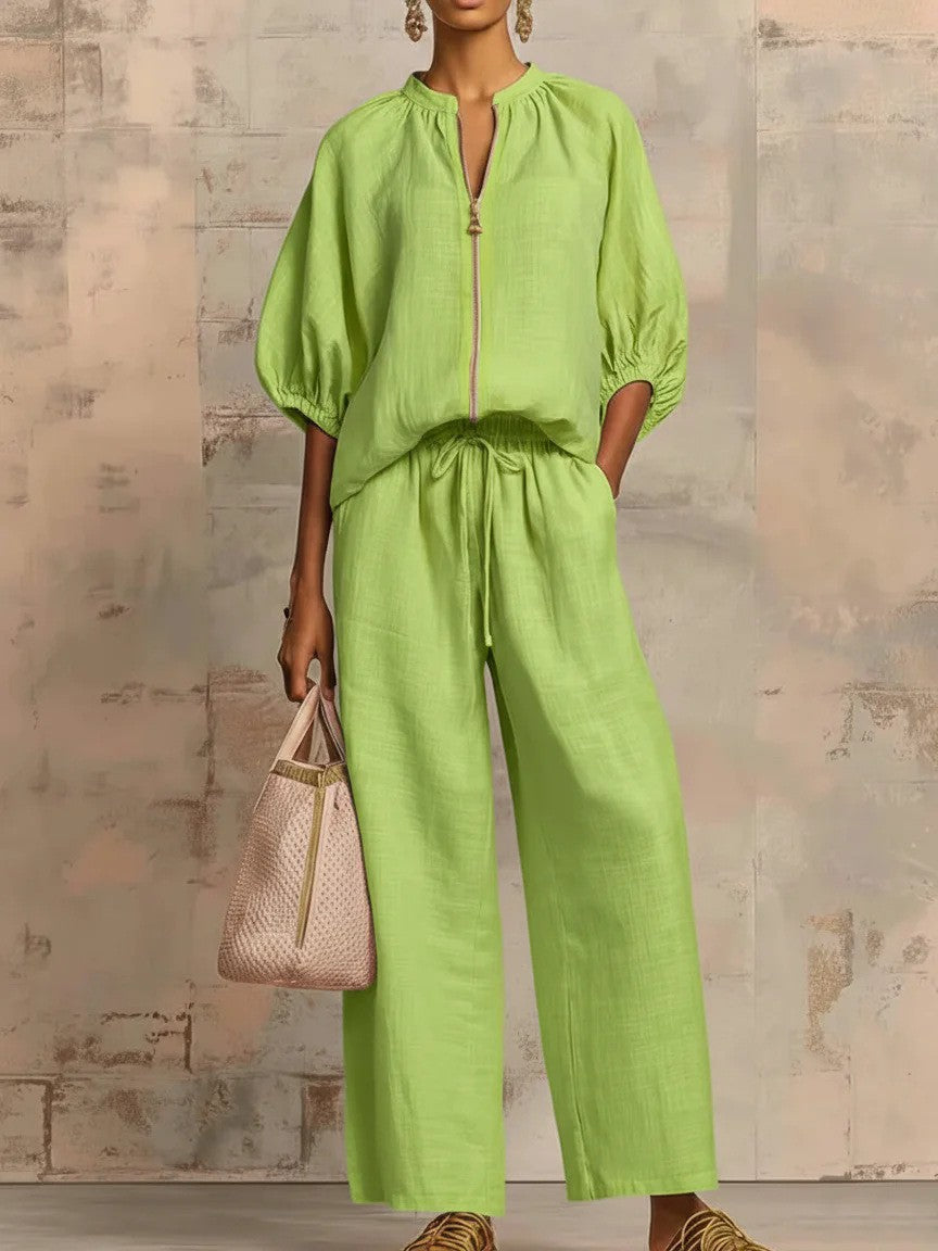 Women's Casual Loose Zipper Round Neck Wide-Leg Pants Set