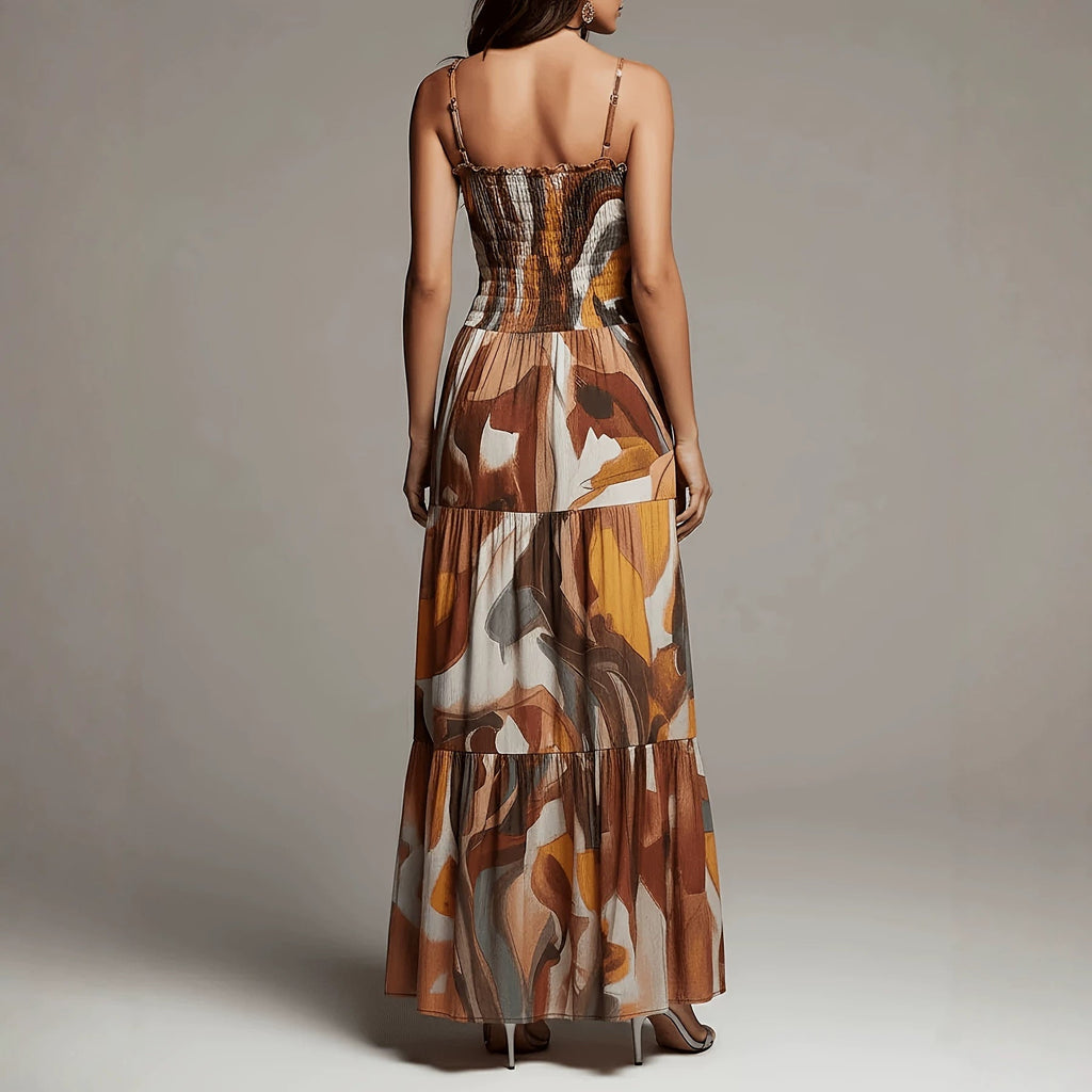 Brown Spaghetti Strap Pleated Waist Maxi Dress with Pockets