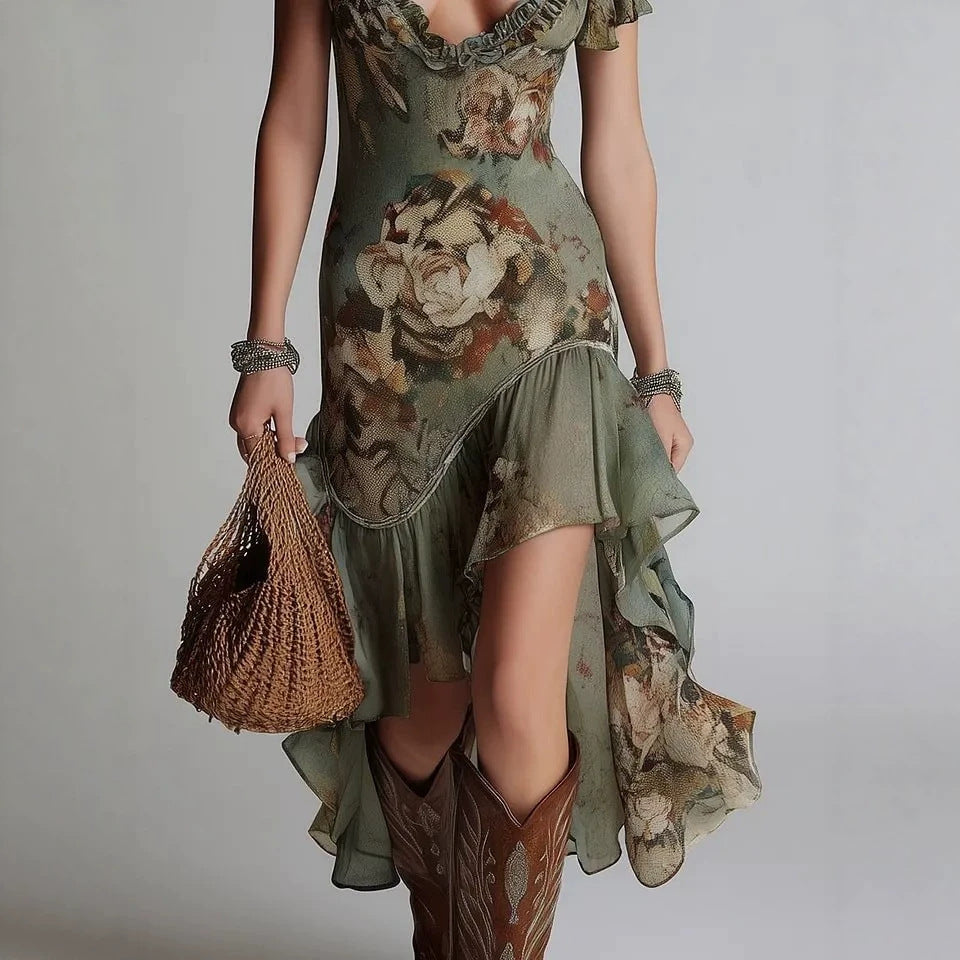 Women's Vintage Oil Painting Print Bubble Sleeve A-Line Midi Dress | Ruffle Irregular Hem Dress