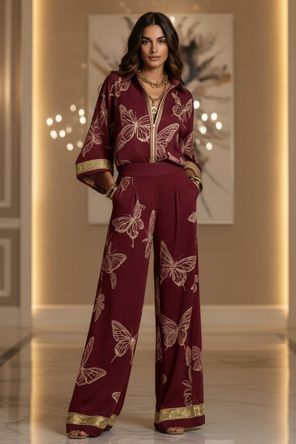 Women's Deep V-Neck Zipper Top & Wide Leg Pants Two-Piece Set