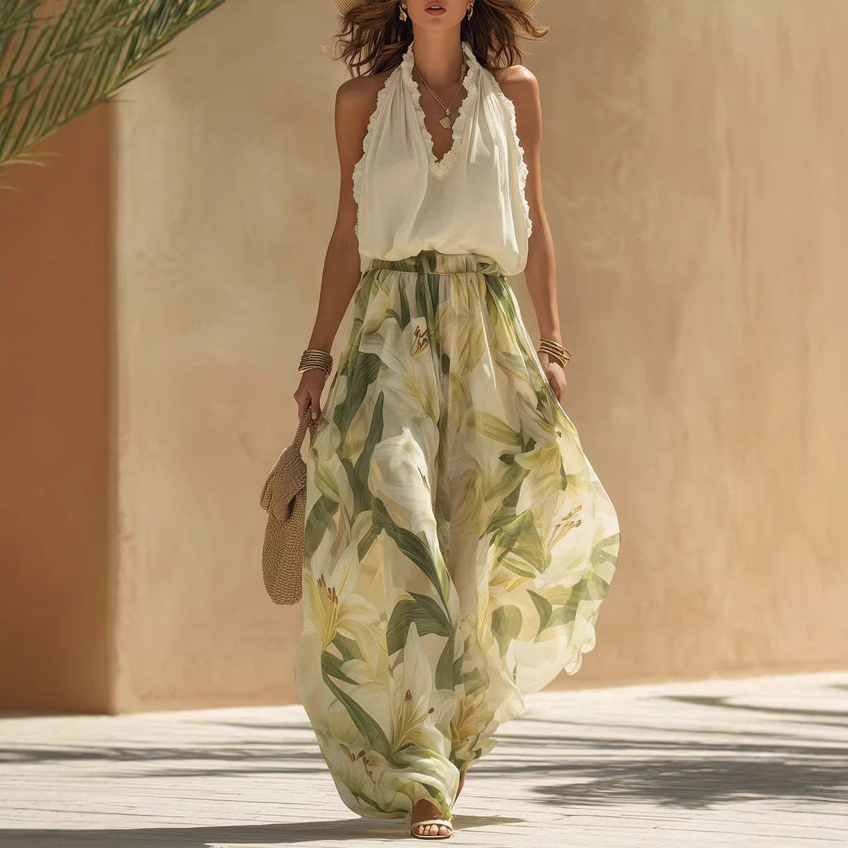 Floral Print 2-Piece Set – Sleeveless Vest Top & Wide-Leg Pants, Women's Casual Co-ord