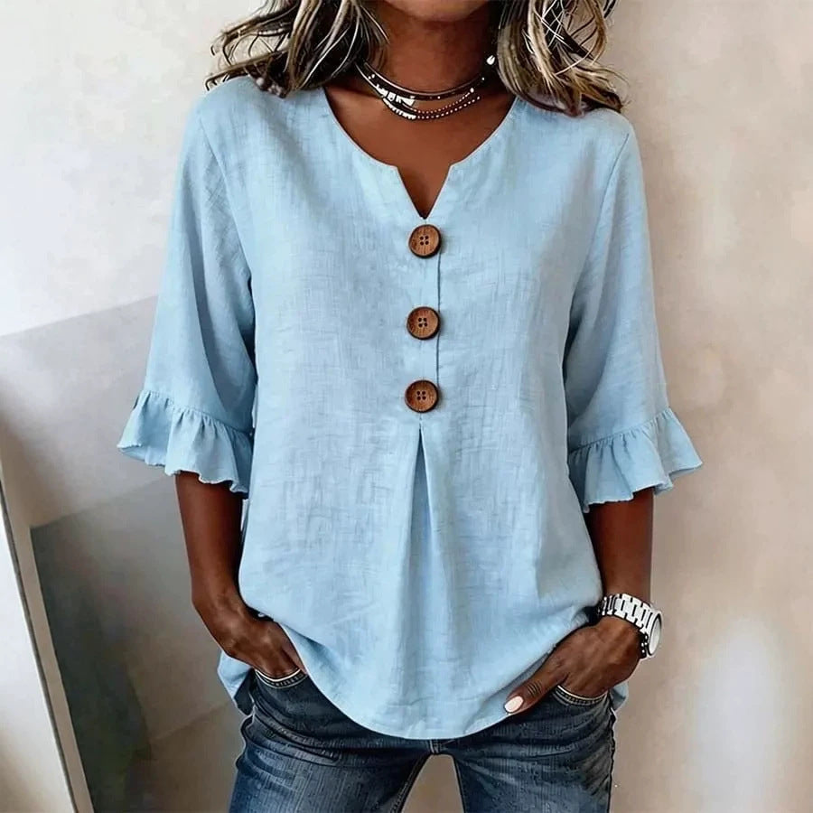 Women's Cotton Linen V-Neck Button-Up Blouse — Summer Casual Top