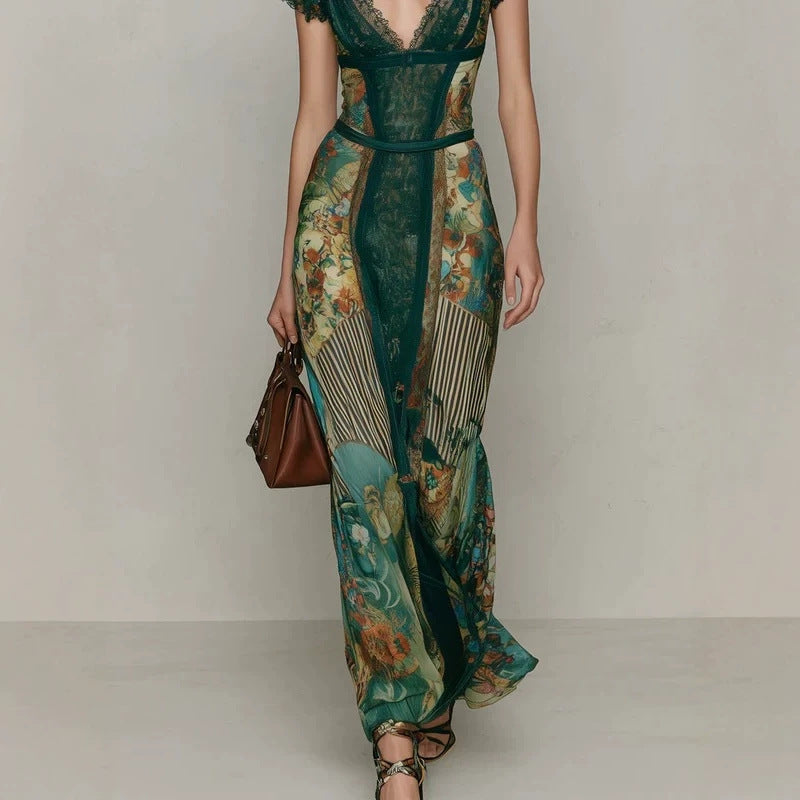 Women's Vintage Lace V-Neck Short Sleeve Oil Painting Print Fishtail Maxi Dress – Dark Green