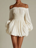 Women's Off-Shoulder Pleated Mini Dress – Smocked Waist & Puff Sleeves