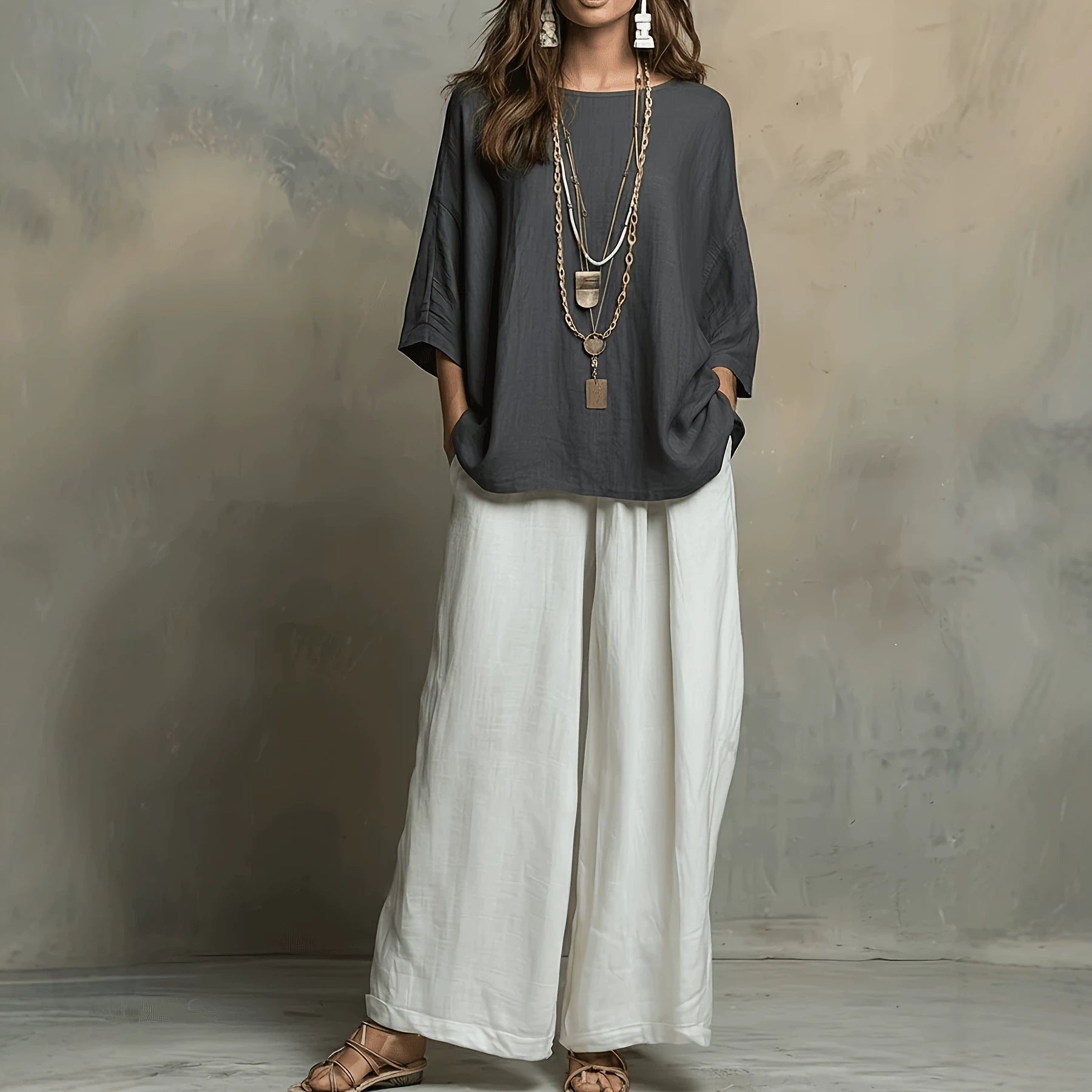 Women's Bohemian Loose Three-Quarter Sleeve Top Set