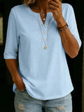 Women's Solid Color Henley Button-Up Short Sleeve Top